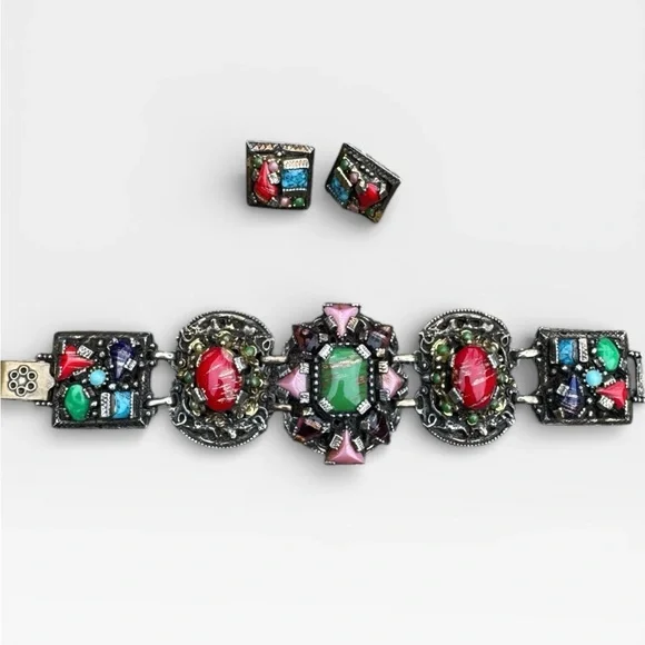 SELRO SELINI Vintage Multicolor Glass Cabochon Panel Bracelet and Earrings Set. - Picture 2 of 16